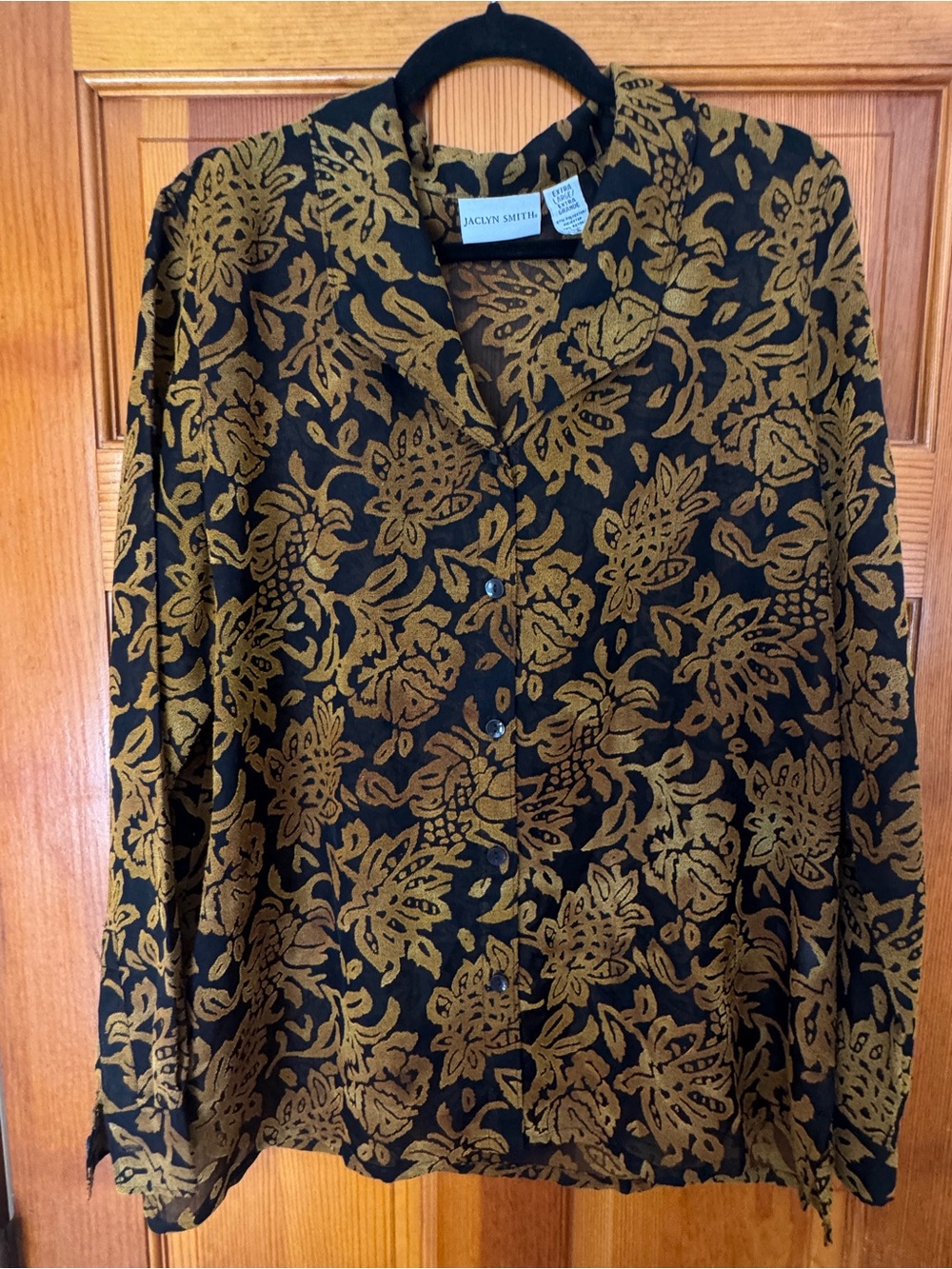 Jaclyn Smith Black and Mustard Floral Collared Button Blouse